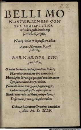 Belli Monasteriensis contra anabaptistica monstra gesti, brevis atque succincta descriptio