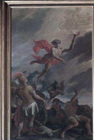 Antikische Szene mit Schlachtfeld und Apoll auf dem Sonnenwagen (Allegorie des Krieges?)