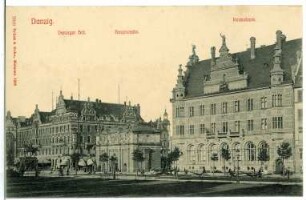 Danzig. Danziger Hof, Hauptwache mit Kaiser-Wilhelm-Denkmal und Reichsbank : Danzig. Danziger Hof (1899; Carl Gause), Hauptwache (Hohes Tor, 1586/1588; Willem van den Blocke) mit Denkmal für Kaiser Wilhelm I. (1903; Eugen Boermel) und Reichsbank (um 1904-1906; Max Hasak) Am Hohen Tor / Ecke Karrenwall