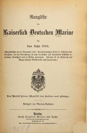 Rangliste der Kaiserlich-Deutschen Marine : für d. Jahr .... 1894