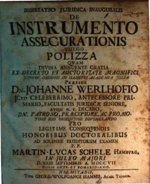 Dissertatio Juridica Inauguralis De Instrumento Assecurationis Vulgo Polizza