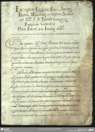 [Faszikel 2: Brief des Missionars Antonius Thomas an Thyrsus González, Peking, 24. Januar 1698 (Abschrift)]