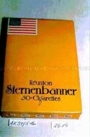Blechdose für "50 Cigarettes Sternenbanner Reunion, Goldmundstück" (Abbildung des Sternenbanners)
