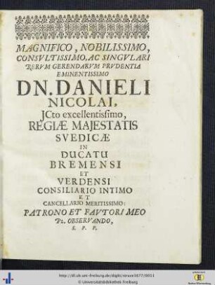 Magnifico Nobilissimo … Domino Danieli Nicolai …