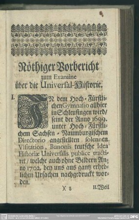 Nöthiger Vorbericht zum Examine über die Universal-Historie