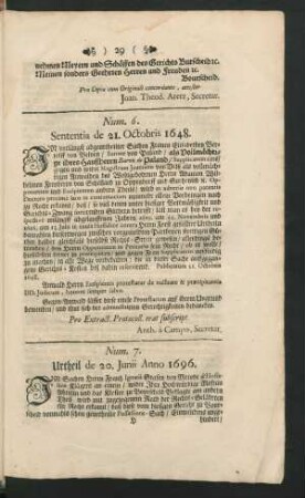 Num. 6. Sententia de 21. Octobris 1648