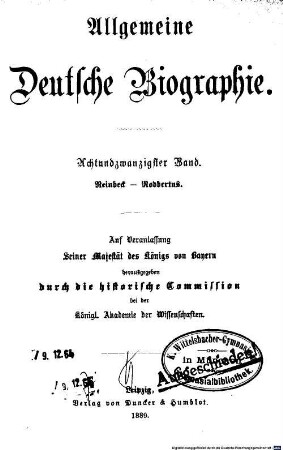 Allgemeine deutsche Biographie. 28, Reinbeck - Rodbertus