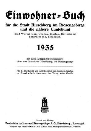Einwohner-Buch ... von Hirschberg und Umgebung