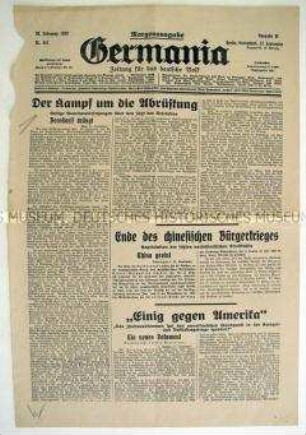 Titelblatt der konservativen Tageszeitung "Germania" u.a. zu den Genfer Abrüstungsverhandlungenund zum Krieg in China