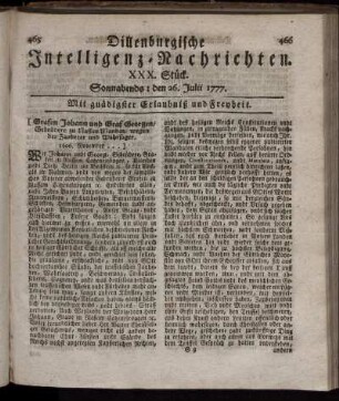 XXX. Stück. Sonnabends: den 26. Julii 1777.
