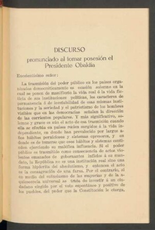 Discurso pronunciado al tomar posesión el Presidente Obaldía