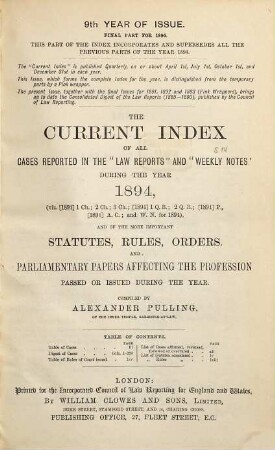 The current index of all cases reported in the "Law reports" and "Weekly notes" during the year .... 1894