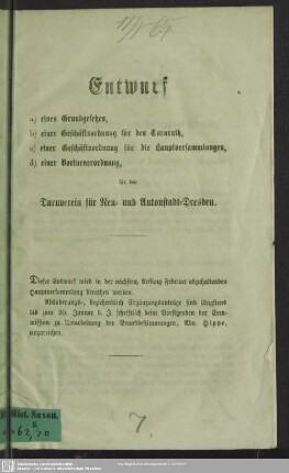 Entwurf a) eines Grundgesetzes, b) einer Geschäftsordnung ... für den Turnverein für Neu- und Antonstadt-Dresden