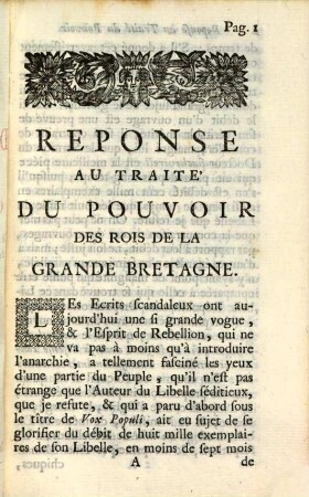Réponse Au Traité Du Pouvoir Des Rois De La Grande Bretagne : Où l'on fait voir que ce Traité autorisé la Revolte et la Trahison, et rend odieux le Pouvoir du Souverain