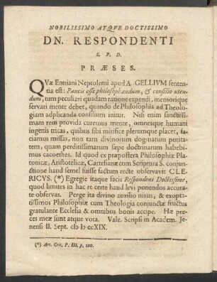 Nobilissimo Atque Doctissimo Dn. Respondenti S. P. D. Präses