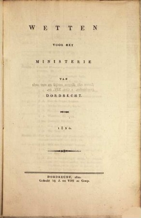 Wetten voor het ministeri van Dordrecht, 1820