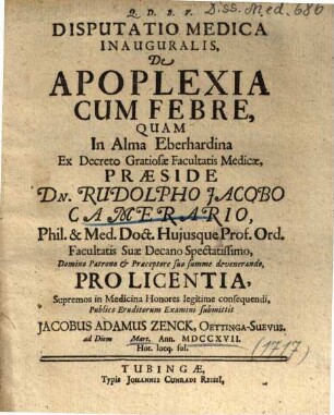 Disputatio medica inauguralis De apoplexia cum febre