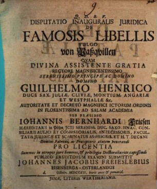 Disputatio Inauguralis Juridica De Famosis Libellis Vulgo von Paßquillen