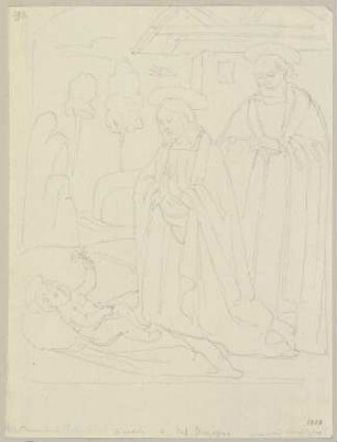 Die Geburt Christi, nach einem Fresko an einem Hause in der Art einer Maestà in der Via Superba in Assisi (?)