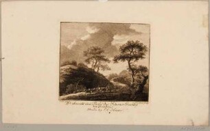 Landschaft mit Felsen und Bäumen sowie einer Kuhherde im Zschoner Grund bei Podemus westlich von Dresden