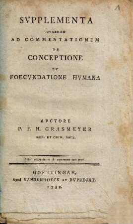 Svpplementa Qvaedam Ad Commentationem De Conceptione Et Foecvndatione Hvmana