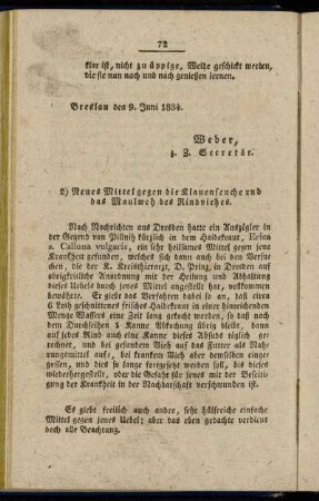 2) Neues Mittel gegen die Klauenseuche und das Maulweh des Rindviehes