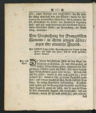 Eine Vergleichung der Evangelischen Gemeine / in ihrem jetzigen Alter / gegen ihre erneurete Jugend
