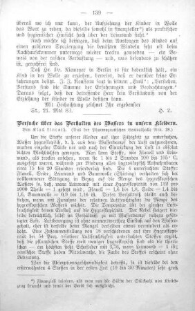 Versuche über das Verhalten des Wassers in unsern Kleidern.