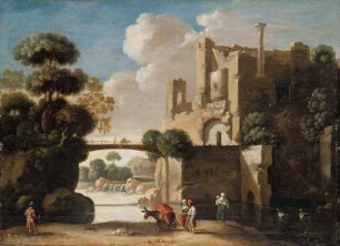 Südliche Landschaft mit Fluss, Ruine und Zigeunern