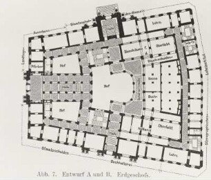 Dresden, Ständehaus, Entwurf A und B, Grundriss des Erdgeschosses mit Bezeichnungen