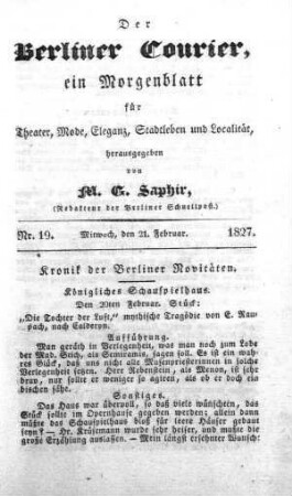 Nr. 19, Den 21ten Februar 1827
