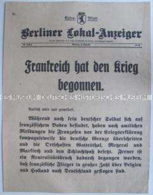 Extra-Blatt des "Berliner Lokal-Anzeiger" zum Beginn des 1. Weltkrieges