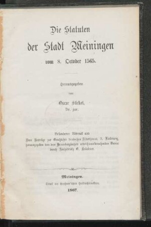 Die Statuten der Stadt Meiningen vom 8. October 1565