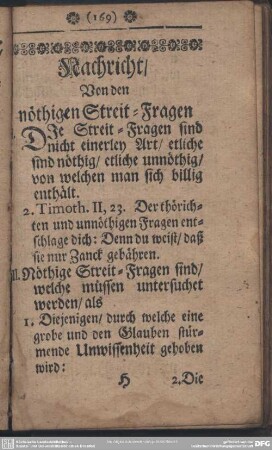 Nachricht, Von den nöthigen Streit-Fragen