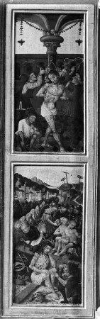 Kreuzigungsaltar : Kreuzigungsaltar. Holz, geschnitzt, gefaßt, bemalt (1505, 1605, 1668). Flügel mit Geißelung Christi und Christus in der Rast. Neuberg an der Mürz, Ehemals Zisterzienserstiftskirche Mariae Himmelfahrt