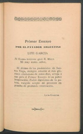 Primer ensayo : Por el payador agentino Luis Garcia