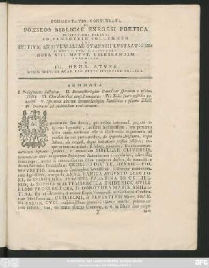 Commentatio Continvata De Poeseos Biblicae Exegesi Poetica : Invitationi Decenti Ad Panegyrin Sollemnem Svb Initivm Anniversariae Gymnasii Lvstrationis D. XXVIII. Ivl. A. MDCCLV. ... Celebrandam Praemissa A. Io. Henr. Stvss Gymn. Rect. Et Acad. Reg. Prvs. Scientar. Collega