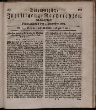 XLIX. Stück. Sonnabends: den 5. December 1778.