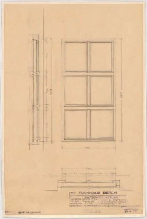 Haus des Rundfunks, Berlin-Charlottenburg: Saal 6 Deutsche Welle, Kasten-Doppelfenster, Ansicht, Schnitte 1:10