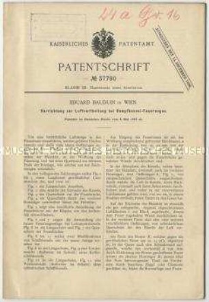 Patentschrift einer Vorrichtung zur Luftverteilung bei Dampfkessel-Feuerungen, Patent-Nr. 37790