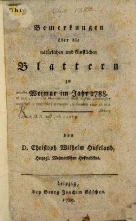 Bemerkungen über die natürlichen und künstlichen Blattern zu Weimar im Jahr 1788.