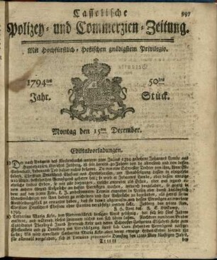 50tes Stueck, Montag den 15ten December 1794
