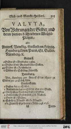 Valuta, von Wehrungen der Gelder und deren hiervon beschriebenen Wechsel-Plätzen