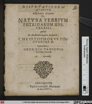 Disputationem Quartam. Adiuvante Numine De Natura Febrium Putridarum Universali