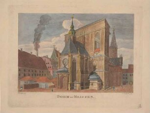 Der Dom auf dem Burgberg in Meißen von Südwesten mit Fürstenkapelle und "Schafstall" auf zweitem Turmgeschoss, dahinter der höckrige Turm, links die Albrechtsburg