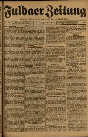 Erste Ausgabe vom Donnerstag, den 02. Dezember 1920.