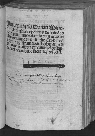 Interpretatio Donati Minoris : scholastice exponens diffinitiones octo partium orationis cum accexdentibus earundem in studio Erphurdensi
