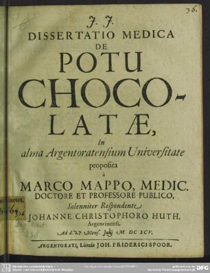 Dissertatio Medica De Potu Chocolatæ