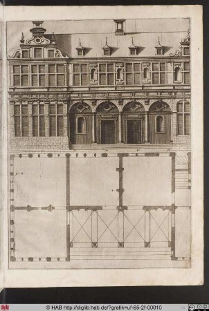 Der Grundriss eines Gebäudes und die Ansicht der Fassade mit einer Kolonnade.