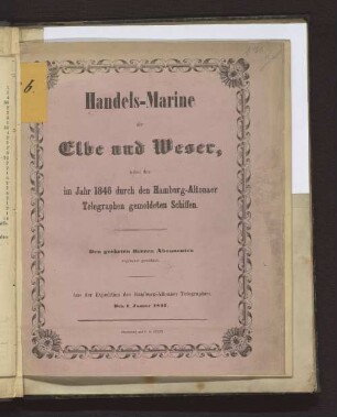 Handels-Marine der Elbe und Weser : Aus der Expedit. d. Hamburg-Altonaer Telegraphen 1.1.1847